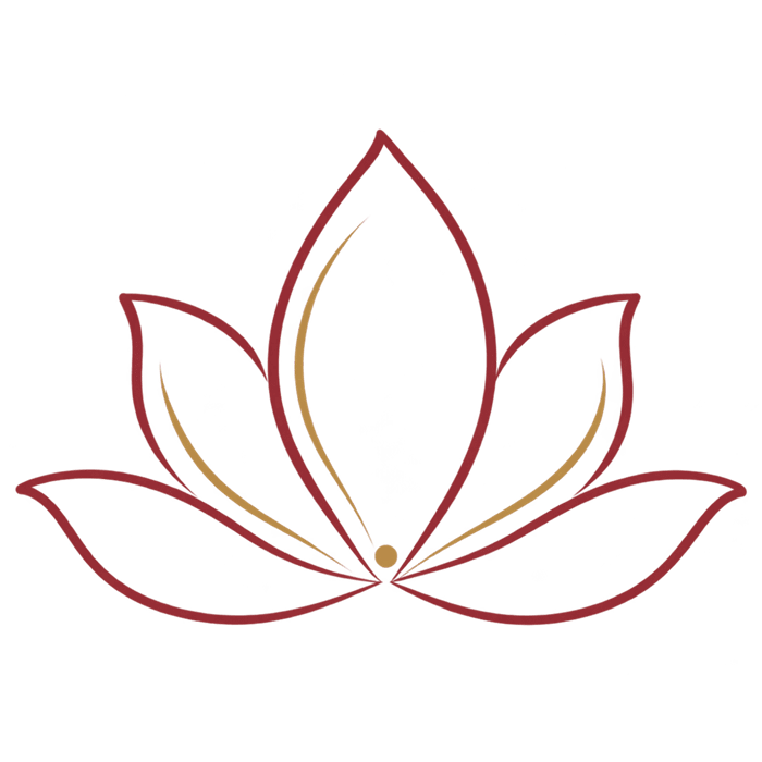 Line drawing of an open lotus flower with gold accents and a small central point of light.