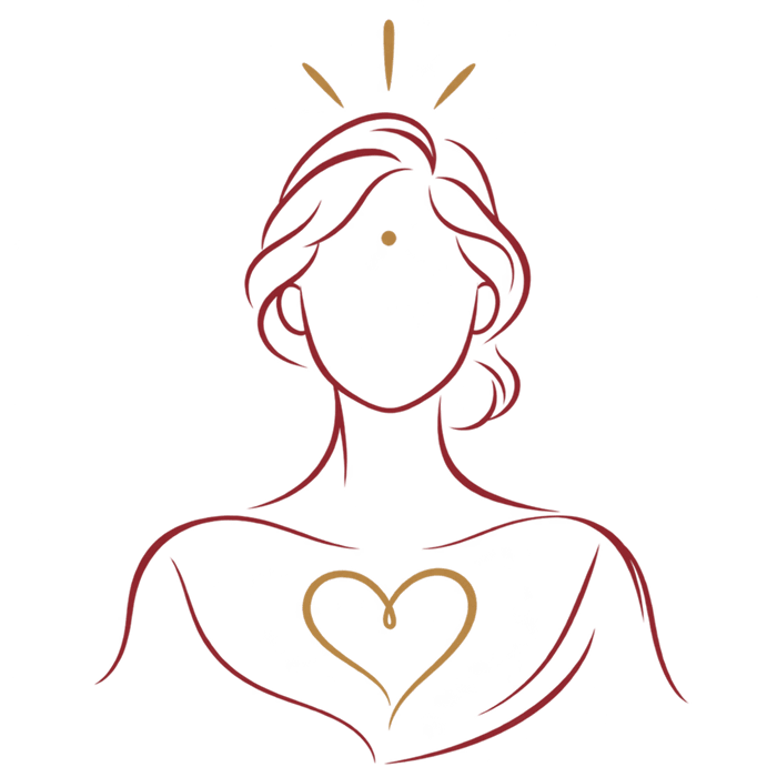 Burgundy line drawing of a person with a gold heart and a point of light at the forehead.