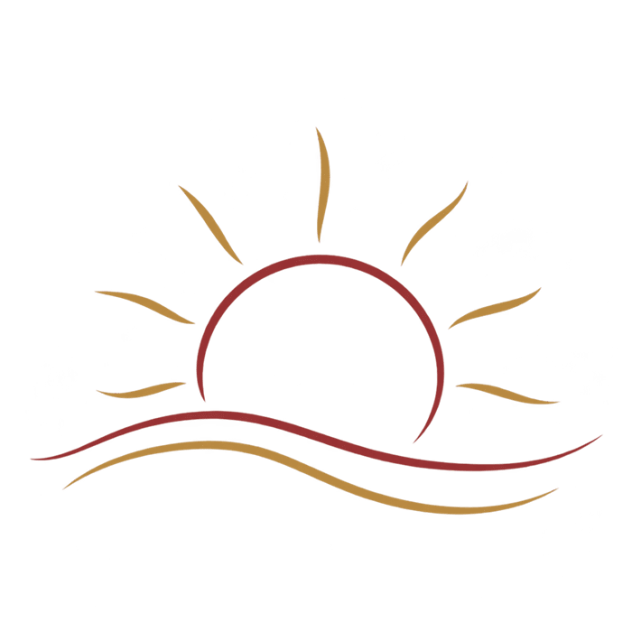 Line drawing of a rising sun above flowing burgundy and gold lines.