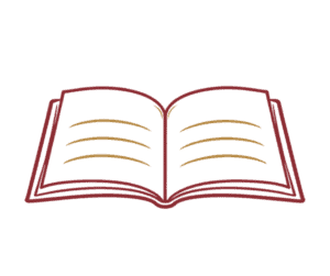 Artistic line drawing of an open book with burgundy outlines and gold lines across its pages.