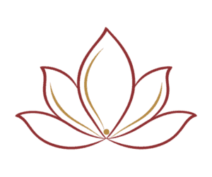 Burgundy and gold line drawing of an open lotus flower with a small central point of light.