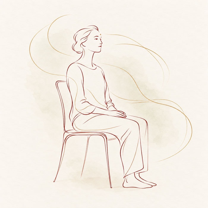 Burgundy and gold line drawing of a person meditating peacefully on a chair