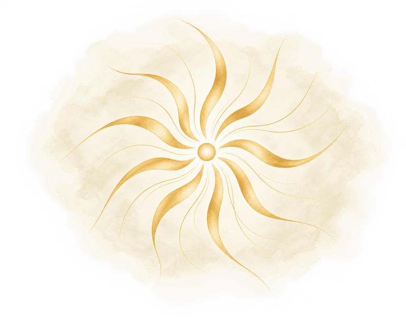 A golden point of light with flowing rays over a soft watercolour wash.