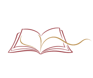 Burgundy line drawing of an open book with a flowing gold line rising from its pages.