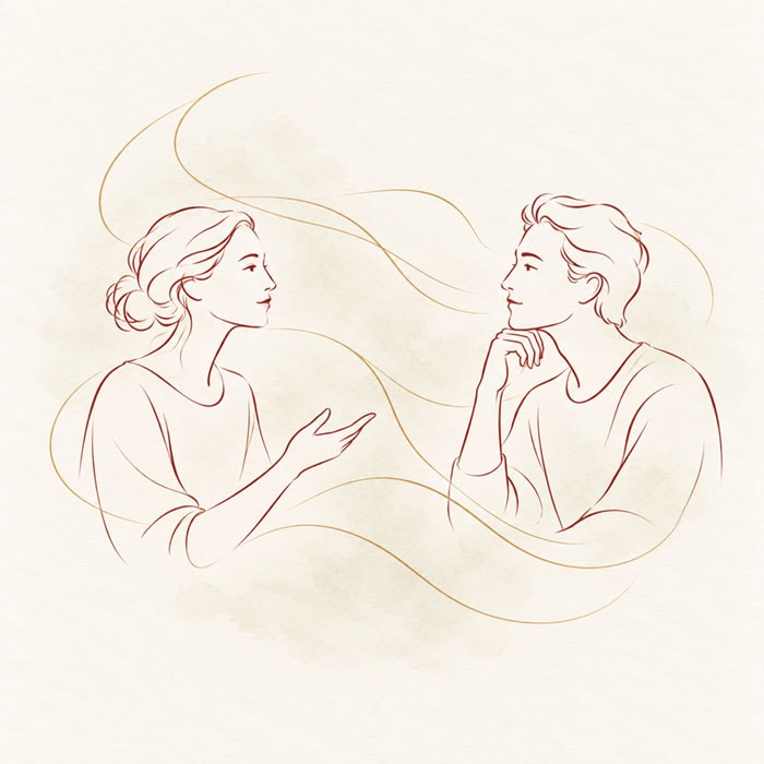 Flowing line drawing of two people sharing a thoughtful conversation