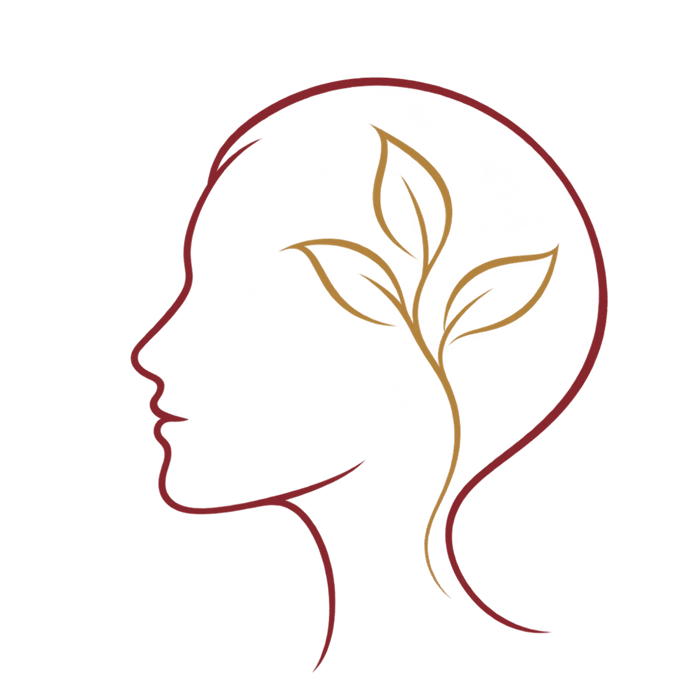 Burgundy outline of a head in profile with a gold leafy sprig inside.