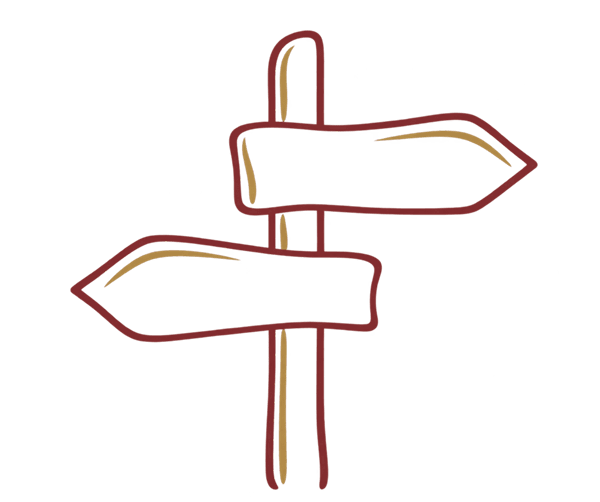 Burgundy and gold line drawing of a signpost with arrows pointing in opposite directions.