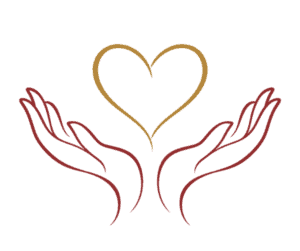 Two open hands beneath a gold heart, drawn in flowing burgundy and gold lines.